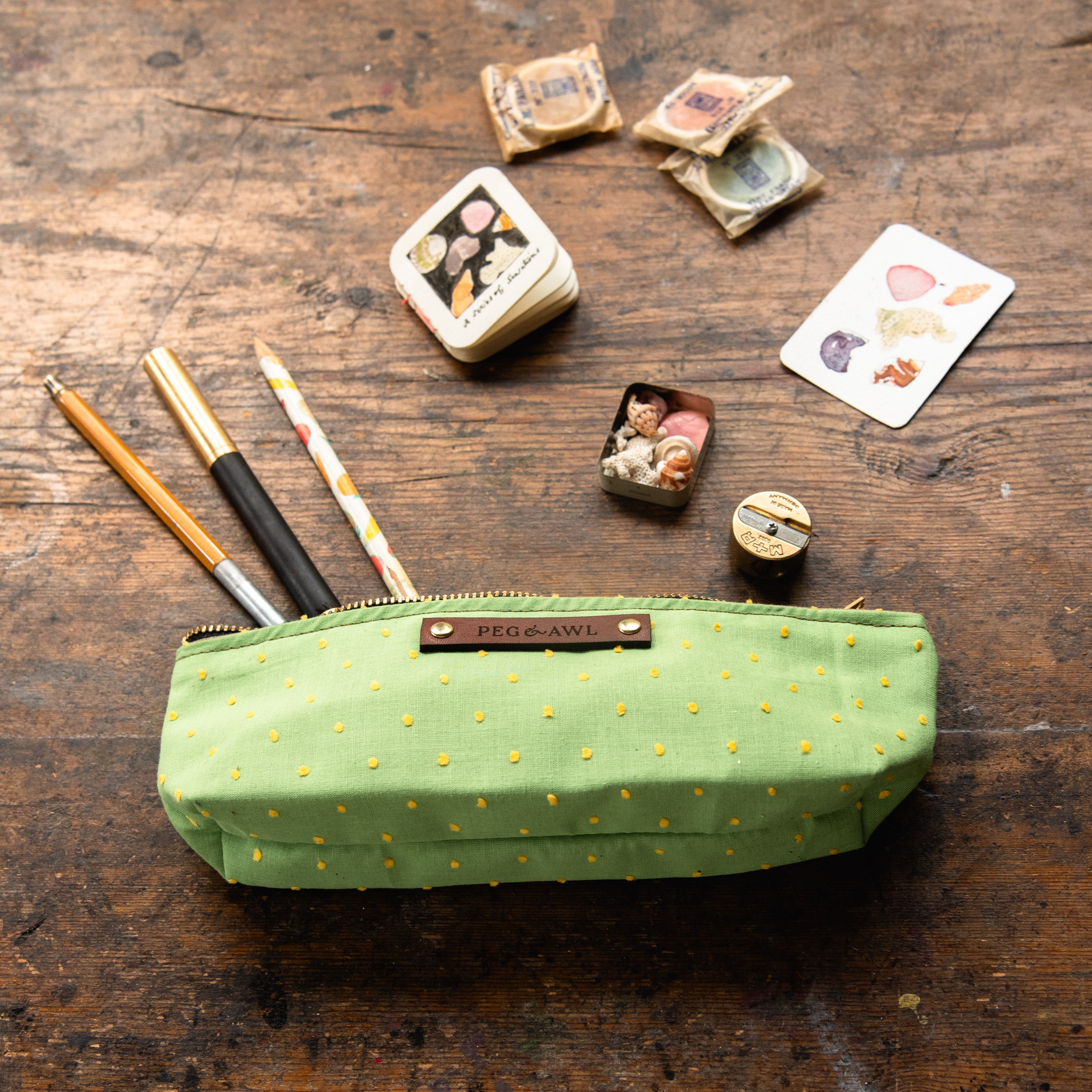 Drafter Pouch with Yellow Fluffy Spots on Green!: Elin