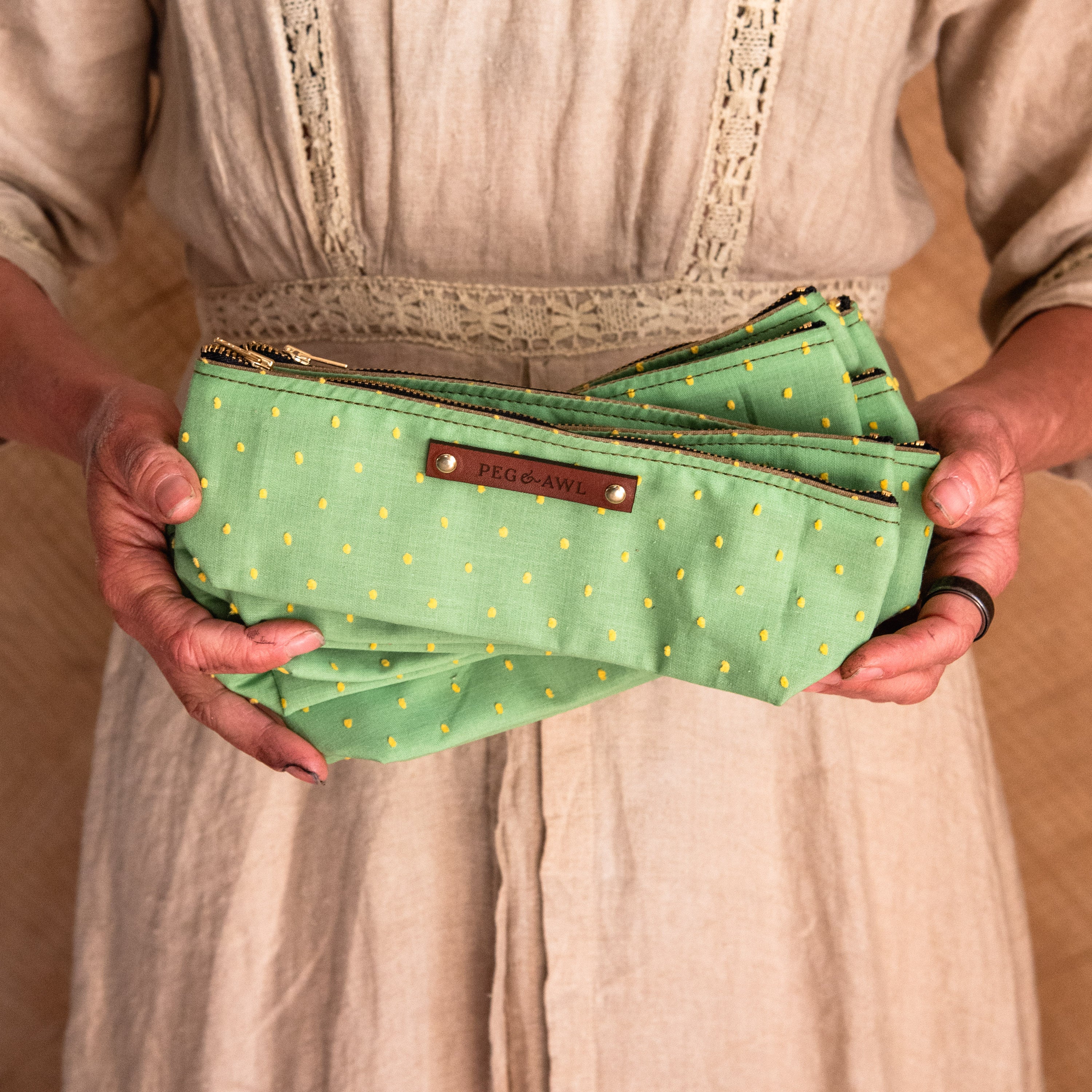 Drafter Pouch with Yellow Fluffy Spots on Green!: Elin