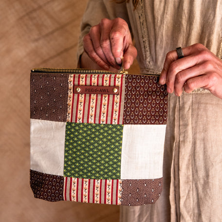 Large Pouch with Antique Orphan Squares and Pop of Green: Tally