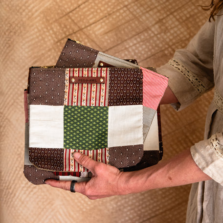 Large Pouch with Antique Orphan Squares and Pop of Green: Tally